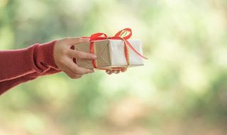 a woman holds a small gift box in beautiful hands. The girl is o a woman holds a small gift box in beautiful hands. The girl is outdoors against the backdrop green leaves bokeh out of focus background from nature forest.